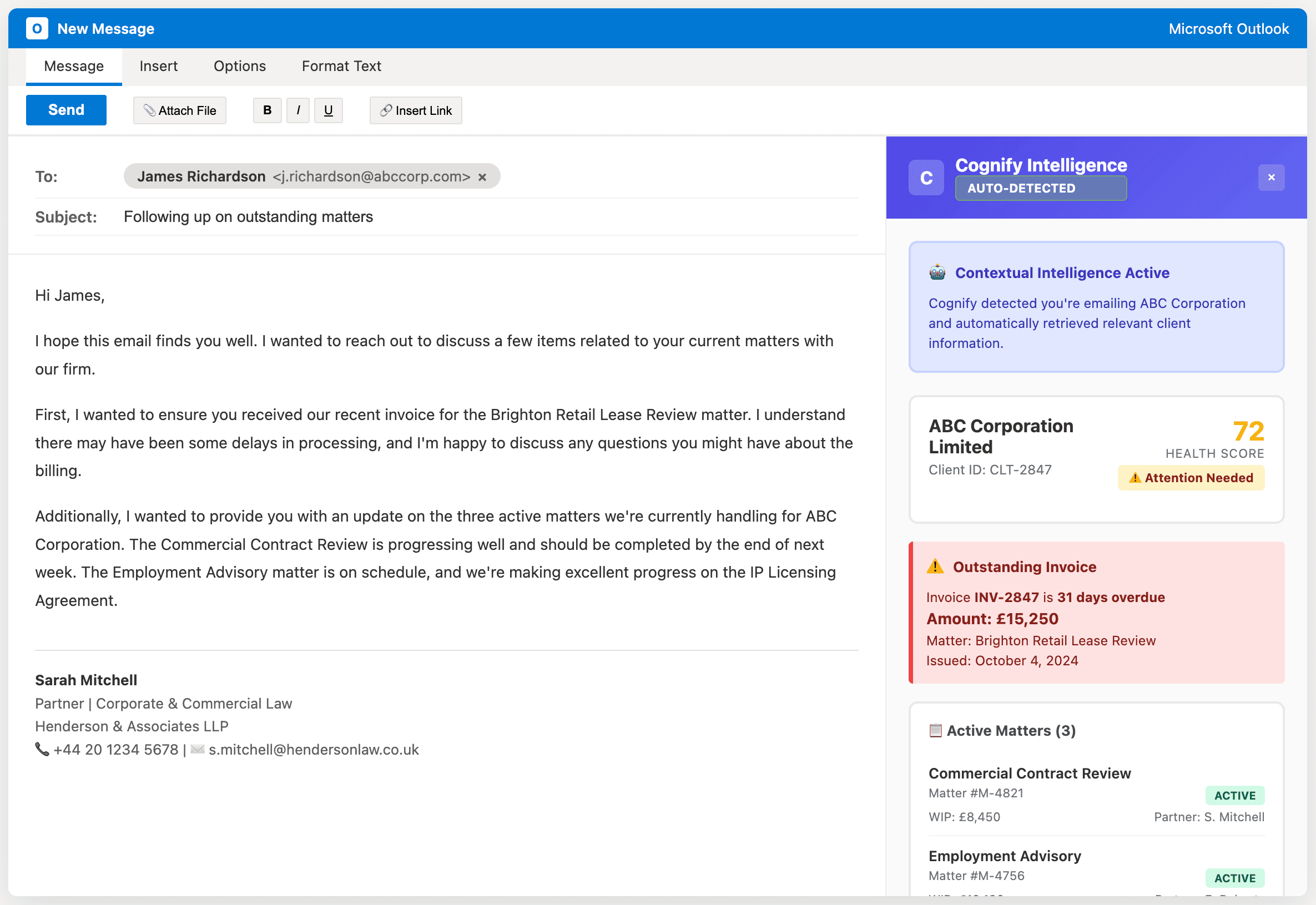 Outlook email composition with Cognify contextual sidebar